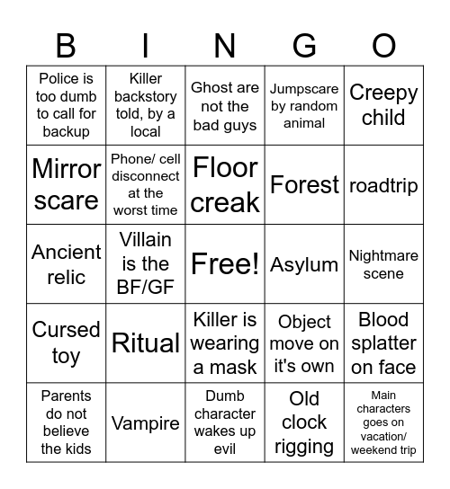 Horror Movie 9 Bingo Card