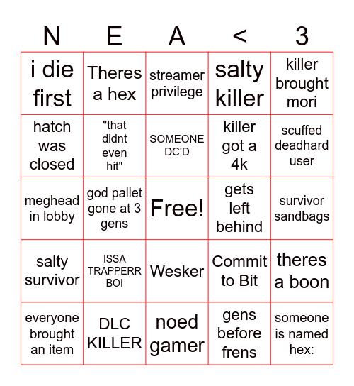 DEAD BY DAYLIGHT Bingo Card