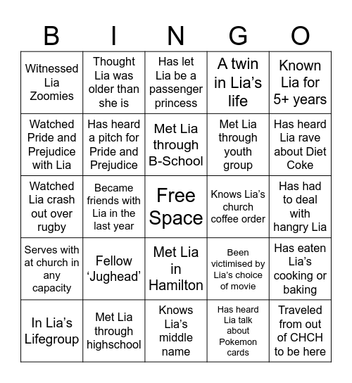 Lia Bingo! Bingo Card