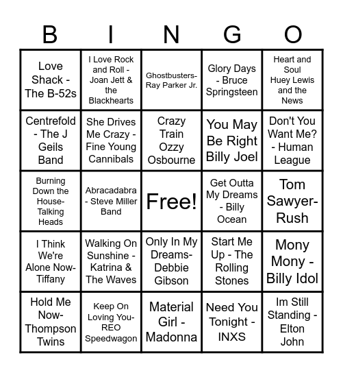 80s Party Hits 2 Bingo Card