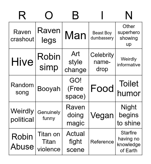 Teen Titans Go Bingo Card