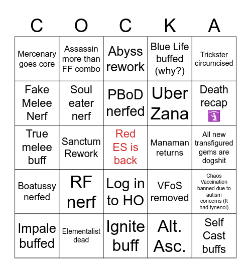 POE patch note bingo Card