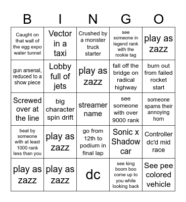 Sonic Racing Cross Worlds Bingo 1 Bingo Card