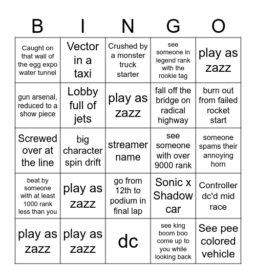 Sonic Racing Cross Worlds Bingo 1 Bingo Card