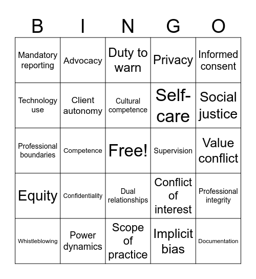 Ethics Bingo Card