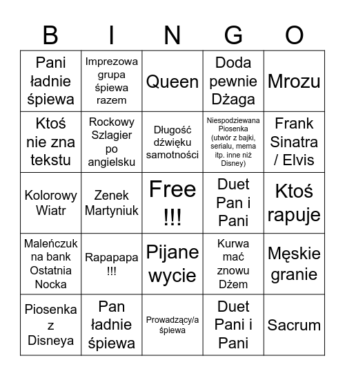 Karaoke Bingo Madafaka Bingo Card
