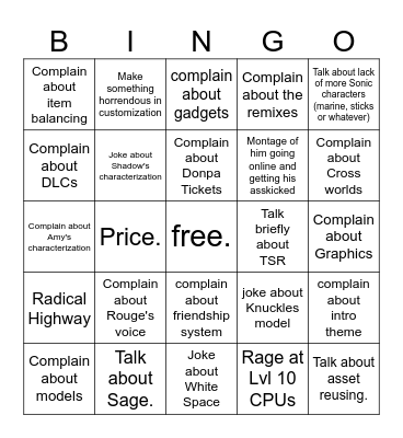 Radical Soda Sonic Video Bingo Card