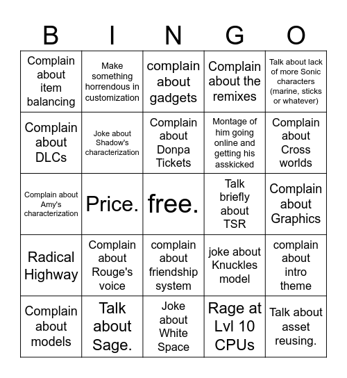 Radical Soda Sonic Video Bingo Card