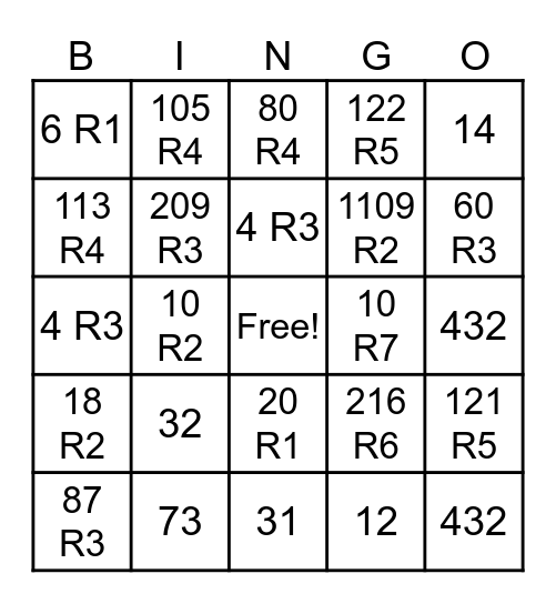 Long Division Bingo Card