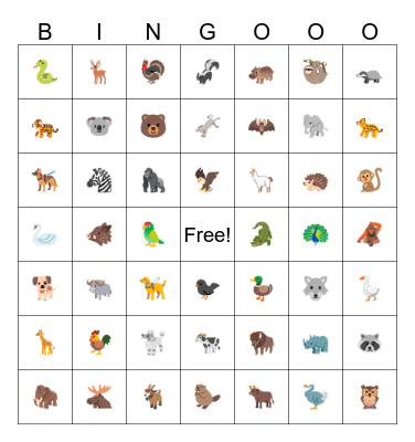 Animals Bingo Card