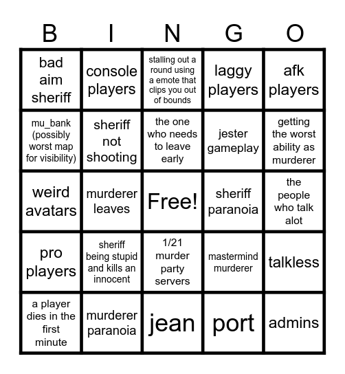 item asylum Murder Party Bingo Card
