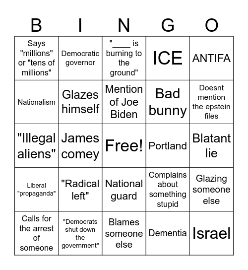 Trump speech bingo card Bingo Card