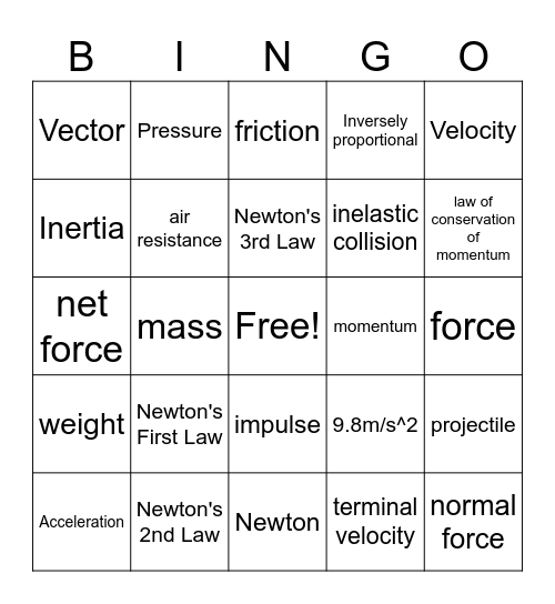 Physics Review 10-9-25 Bingo Card