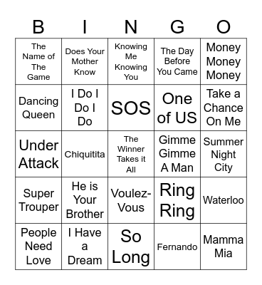 ABBA MUSIC BINGO Card