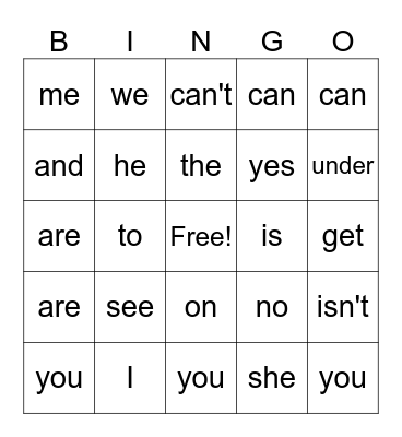 Sight Words Bingo Card