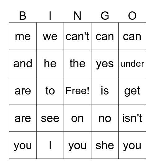 Sight Words Bingo Card