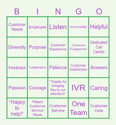 Customer Service Bingo Card