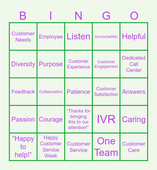 Customer Service Bingo Card