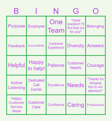 Customer Service Bingo Card