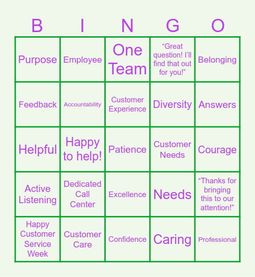 Customer Service Bingo Card