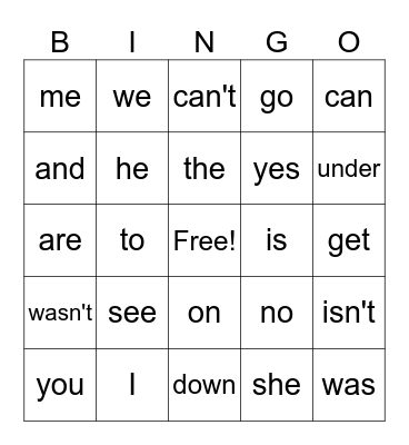 Sight Words Bingo Card