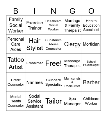 Human Services Career Cluster Bingo Card