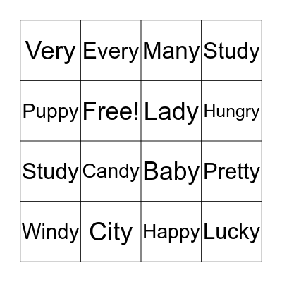 Long e Sounds 'y' Bingo Card