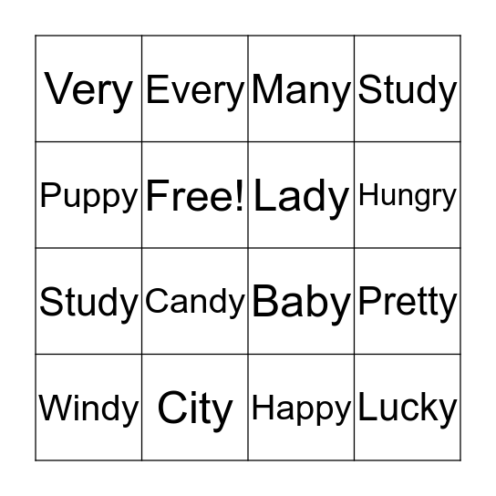 Long e Sounds 'y' Bingo Card