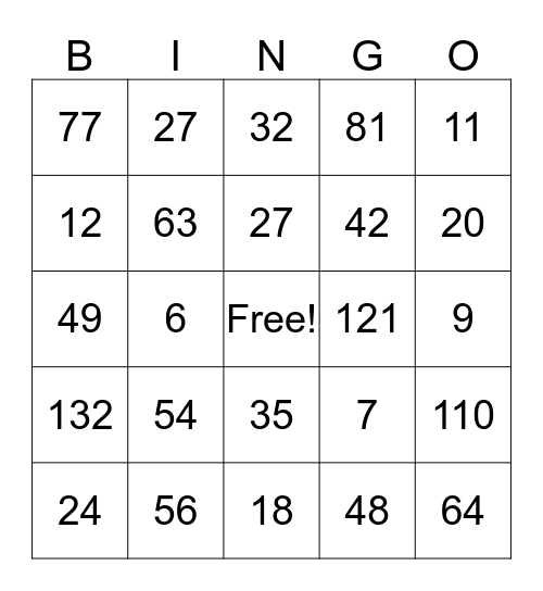 Multiplication & Division Bingo Card