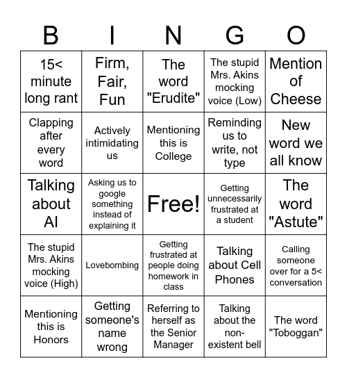 Mrs. Akins Bingo Card