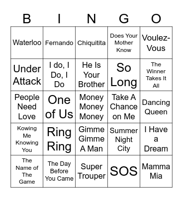 ABBA 2 Music Bingo Card