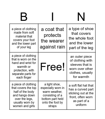 Word Meaning Bingo Card