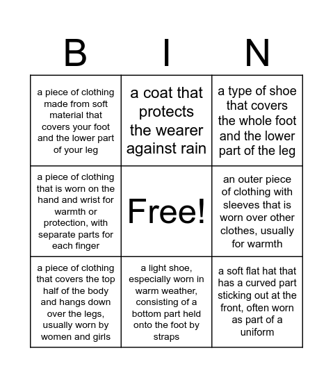 Word Meaning Bingo Card