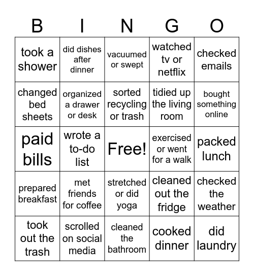 Random task this week Bingo Card
