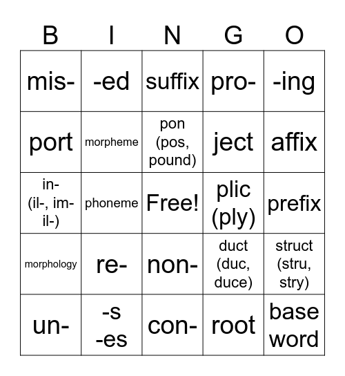 Morpheme Bingo Card