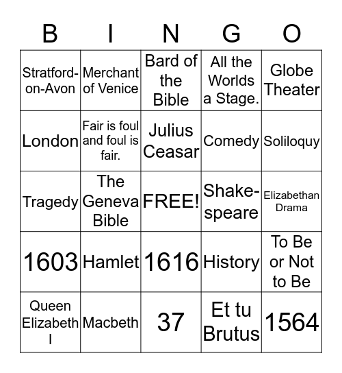 Shakespeare & Elizabethan Era Bingo Card