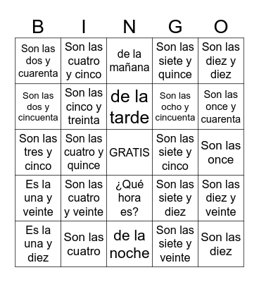 ¿Qué Hora Es? Bingo Card