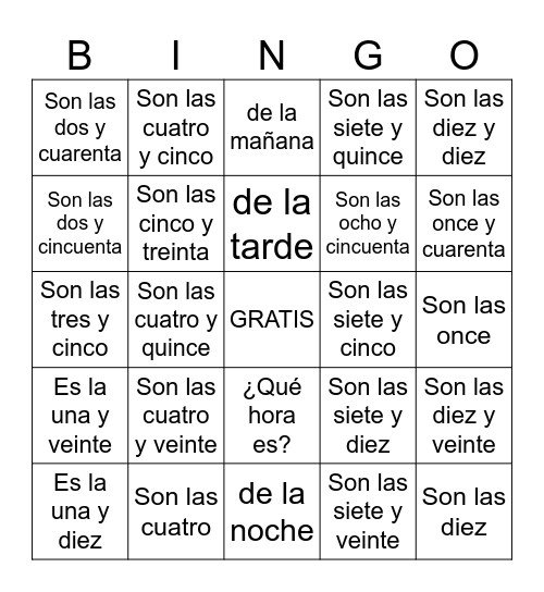 ¿Qué Hora Es? Bingo Card