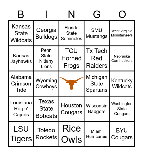 College Football Teams Bingo Card