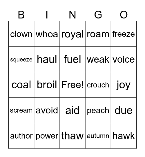 Dipthongs and Vowel Teams II Bingo Card