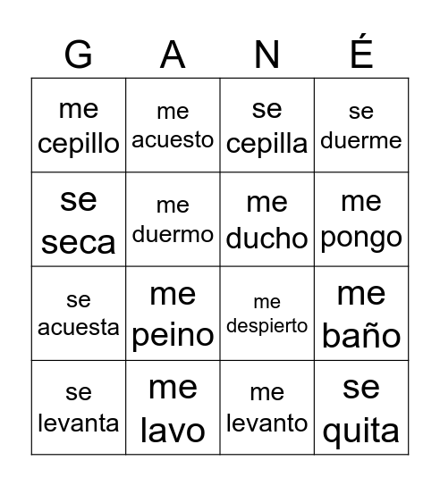 Reflexive Daily Routine Verbs (SPA-->SPA) Bingo Card