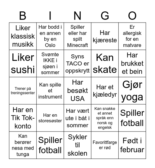 Bli kjent-Bingo Card