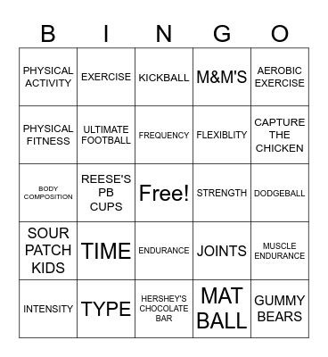 Fitness Vocabulary 1 and 2 Bingo Card