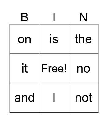 sight words Bingo Card