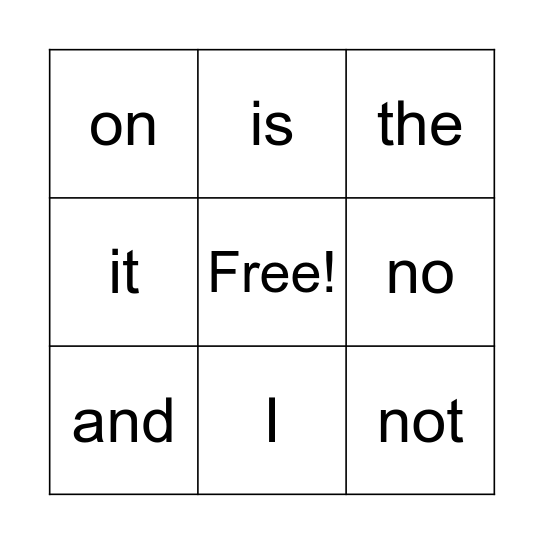 sight words Bingo Card