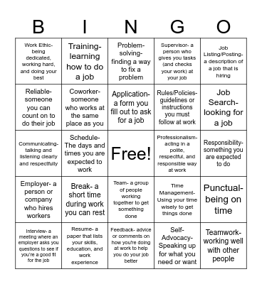 Job Development Vocabulary Bingo Card