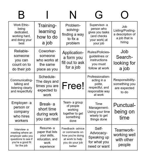 Job Development Vocabulary Bingo Card