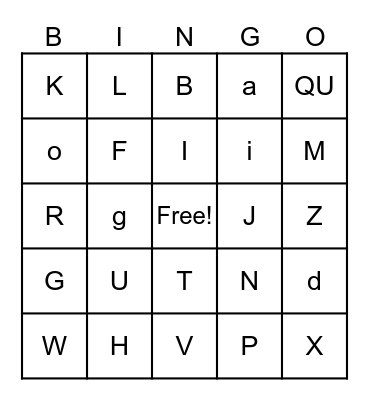 LETTERS Bingo Card
