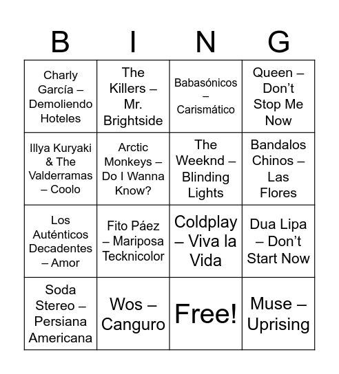 Bingo Musical Bingo Card