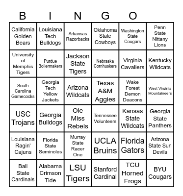 College Football Teams Bingo Card